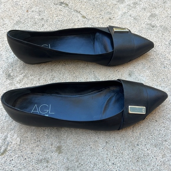 AGL Women's Black Leather Pointy Toe Flats with Silver Detail Size 42 / 12 - Picture 4 of 12